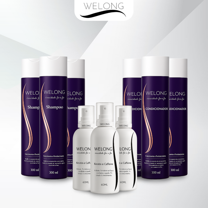3 meses de tratamento Welong Hair - com 3 unidades do Shampoo + 3 unidades do Condicionador + 3 unidades do Aditivo Capilar